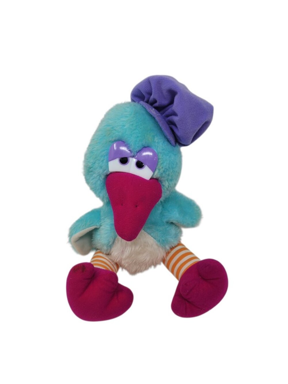 MTY International Vintage Plush Bird Blue Pink Beak Purple Hat Striped Legs 10”